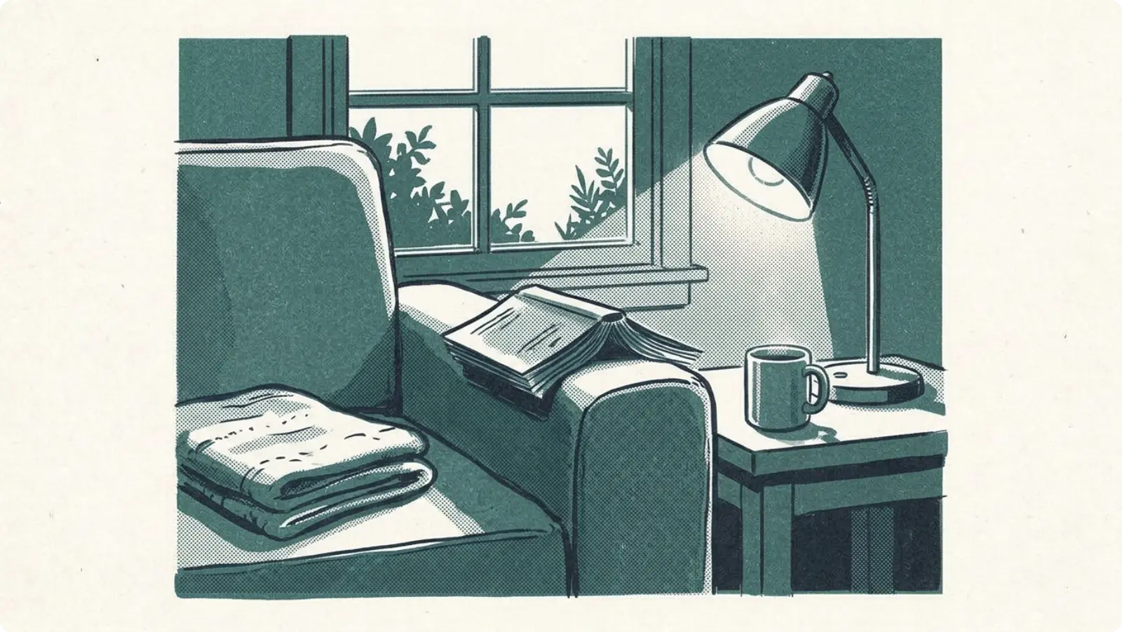 A paperback lying open on the arm of a sofa under a reading lamp.