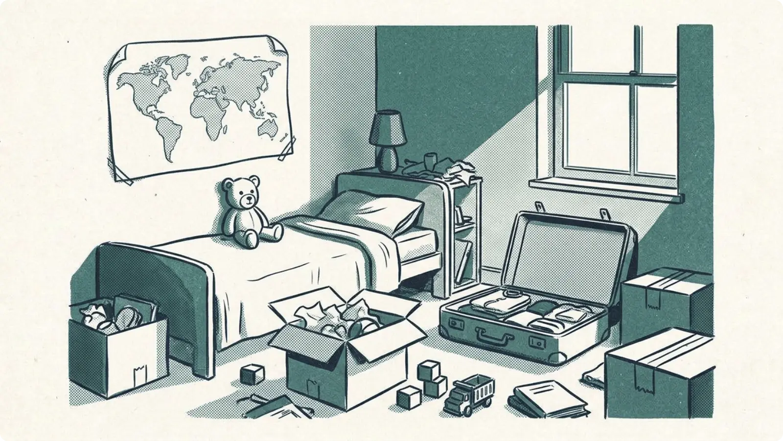 A child's bedroom half unpacked, with boxes, a suitcase and a teddy on the bed.