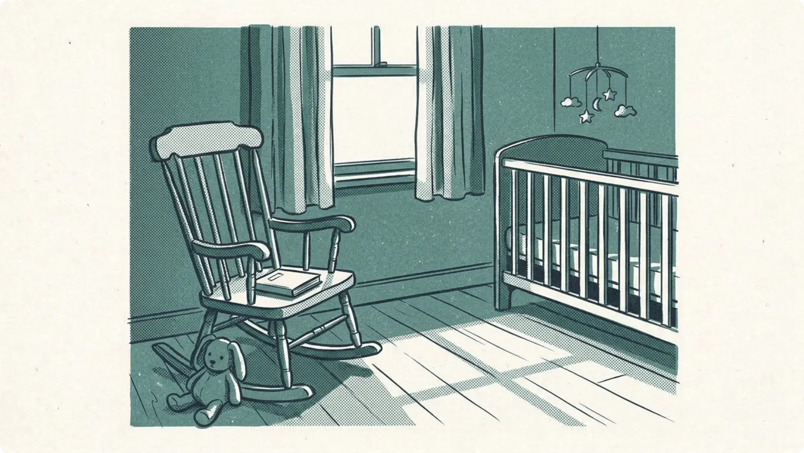 A nursery rocking chair with a picture book on the seat, a cot in the corner.