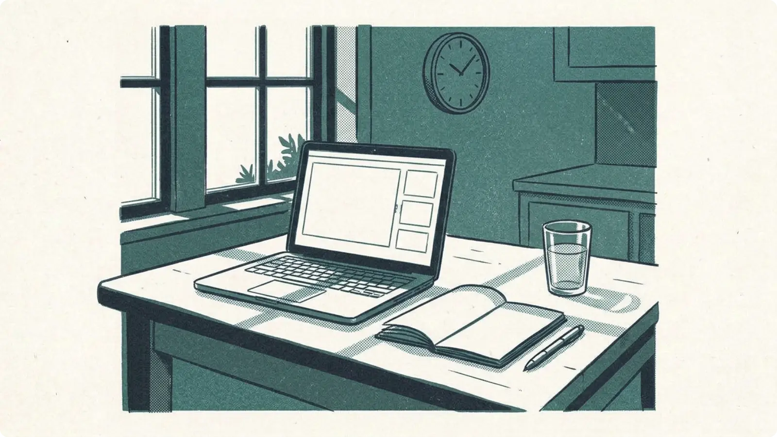 A laptop open on a kitchen table with a notepad, a glass of water and a wall clock.