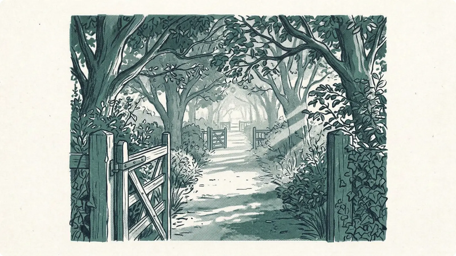 A long garden path with several gates fading into the distance.