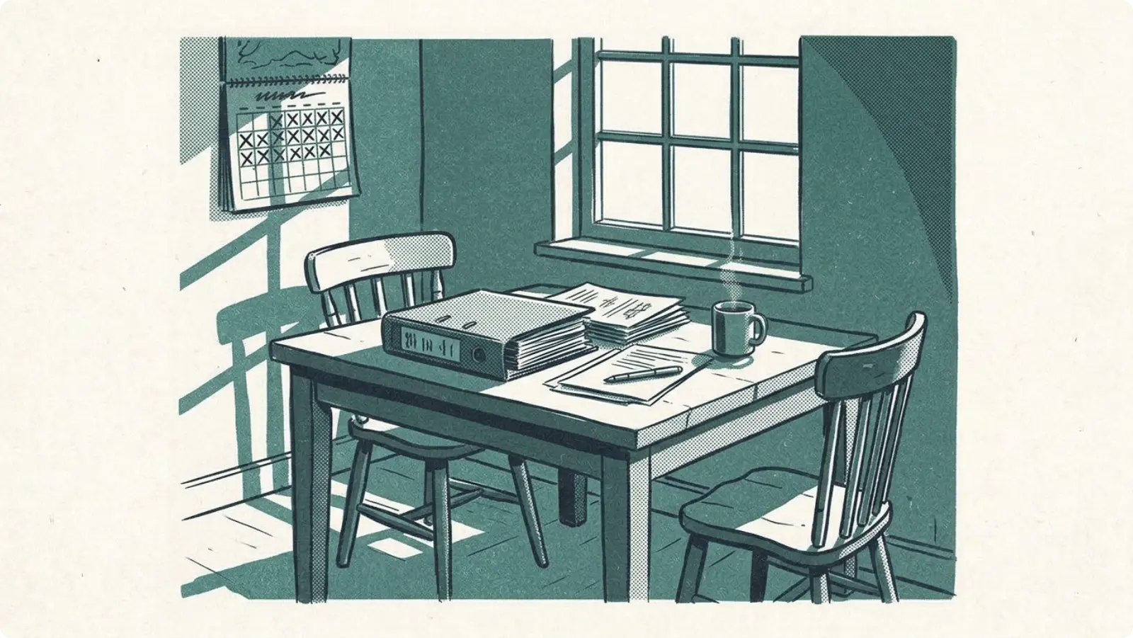 A kitchen table with two empty chairs, a thick file of paperwork and a wall calendar with weeks crossed off.