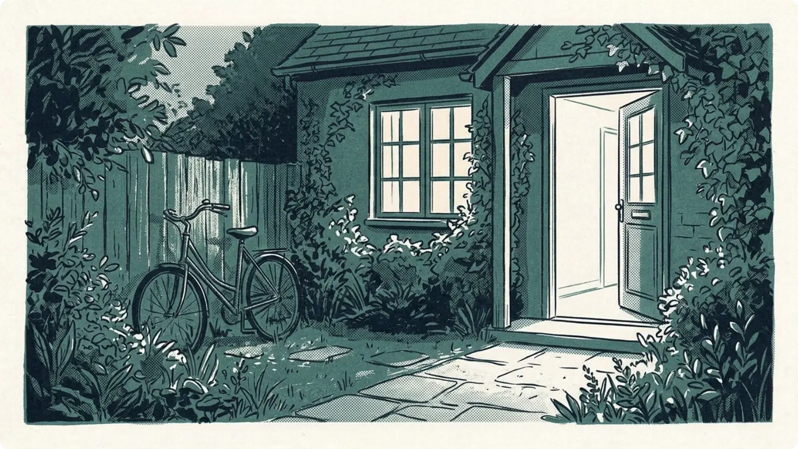 A front door standing open at dusk, light spilling onto the garden path.